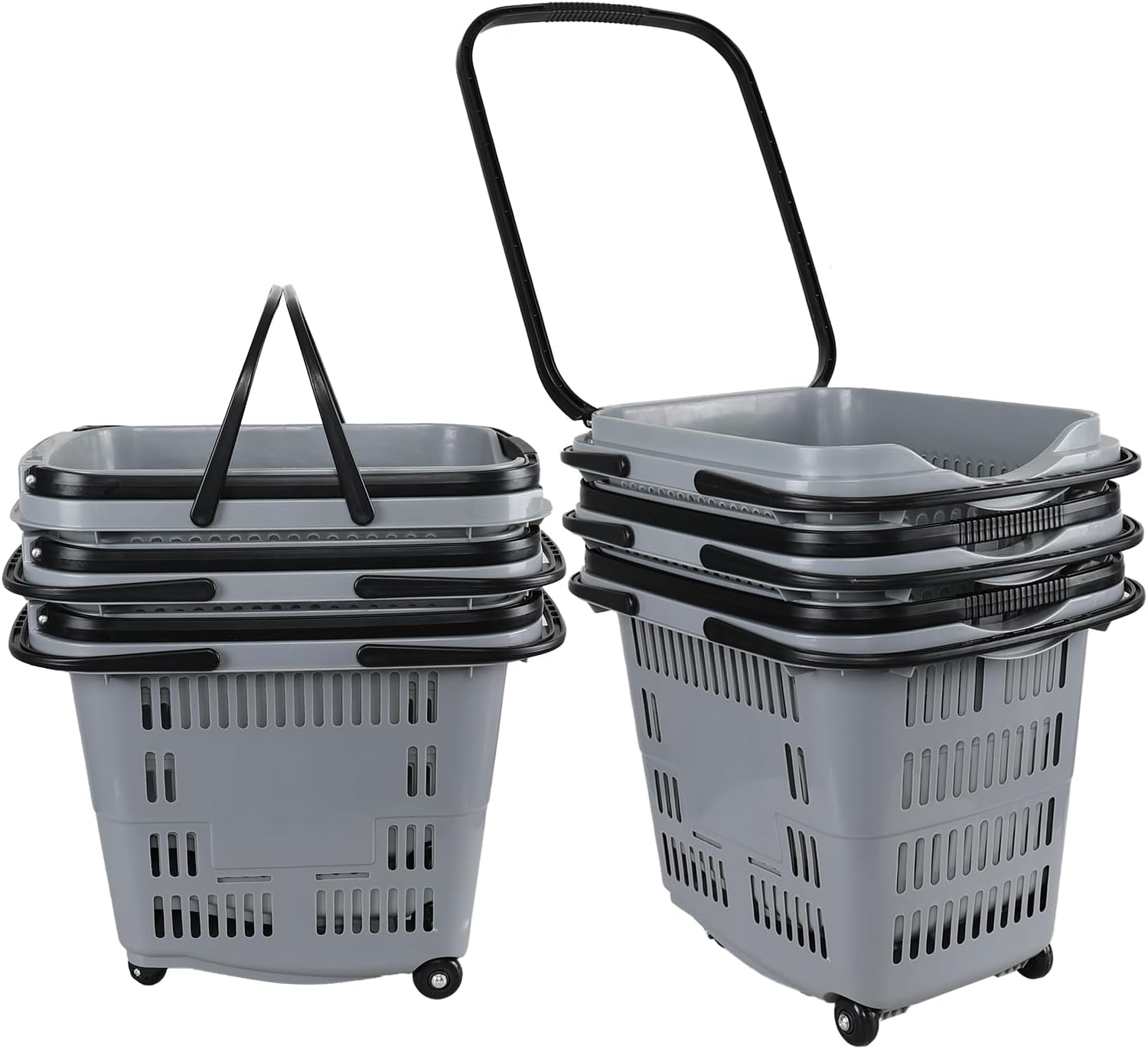Ramddy 6-Pack 50 L Plastic Shopping Basket with Wheels and Handle, Grocery Shopping Basket, Grey