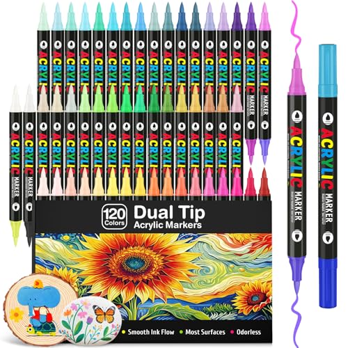 TooyBing 120 Colors Acrylic Paint Markers, Dual-Color Acrylic Paint Pens with 60 Brush Tips for Fabric Rock Wood Glass Paper DIY for Painting, Quick Drying, School Art Supplies for Adults Drawing