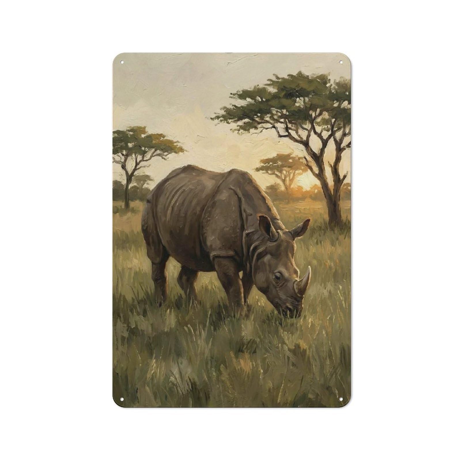Junmoney Style-5 Workshop Style Garage Metal Sign 30X20cm Featuring Rhino Grazing In African Savannah, Industrial Wall Art For Garage, Hobby Room, Office Or Man Cave