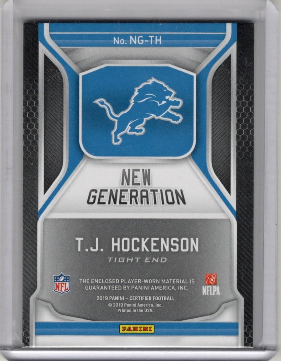 T.J. Hockenson Autographed & Serial Numbered #05/99 3 Color Blue Parallel New Generation Patch Jersey Relic Memorabilia Collectible Football Card - 2019 Panini Certified Football Card #NG-TH (Lions)