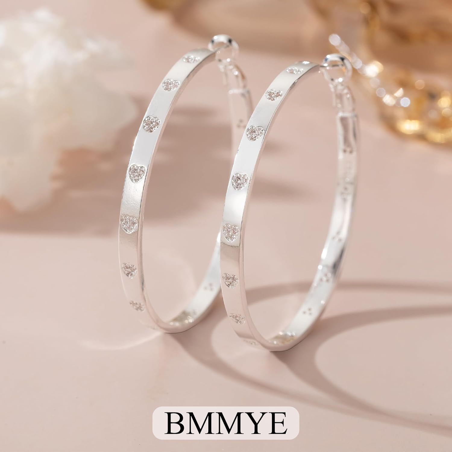 BMMYE Sterling Silver Hoop Earrings for Women Lightweight Gold Hoop Earrings with Heart Cubic Zirconia 20/30/40/50/60/70mm Hypoallergenic Hoops - Image 5