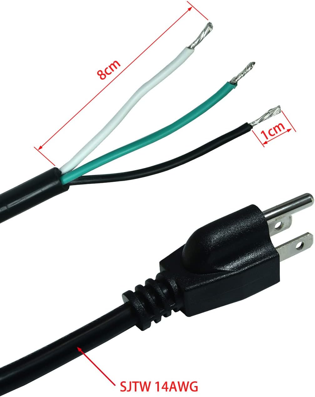 14 AWG Replacement AC Power Cord with Open End -3 Prong 6 Ft Black Heavy Duty Extension Cable Pigtail, 14/3 SJTW, NEMA 5-15P,15A, 1875W 125VAC