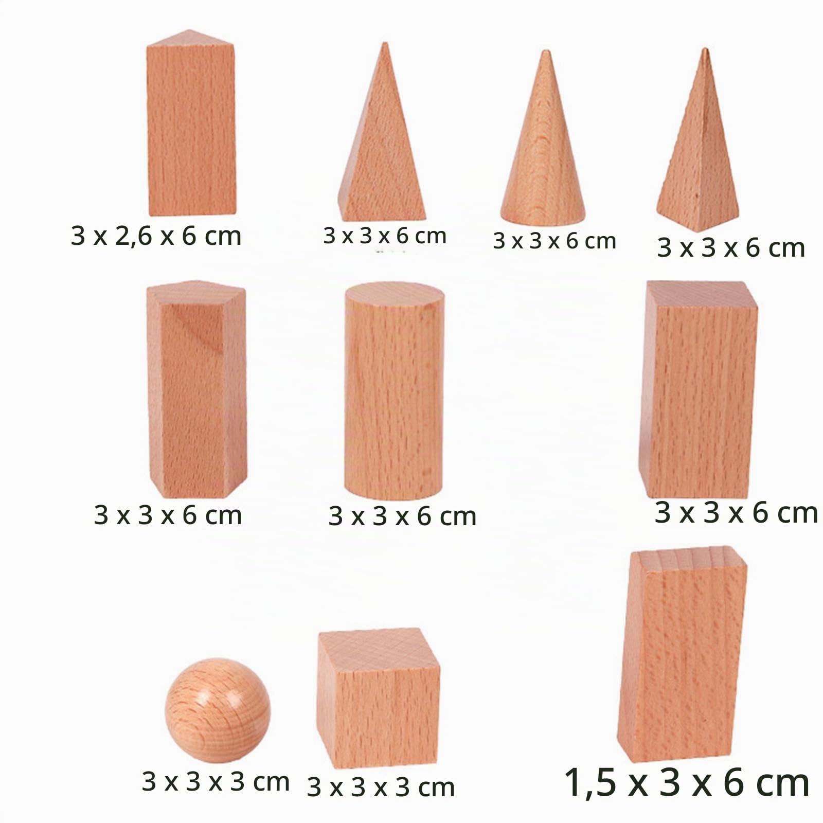 Sharplace 10 Figuras de Formas 3D, Sólidos Geométricos de Madera, Juego de Bloques de Patrones de Aprendizaje Montessori Sólidos para Preescolar, Aula, Primaria, Hogar y Escuela