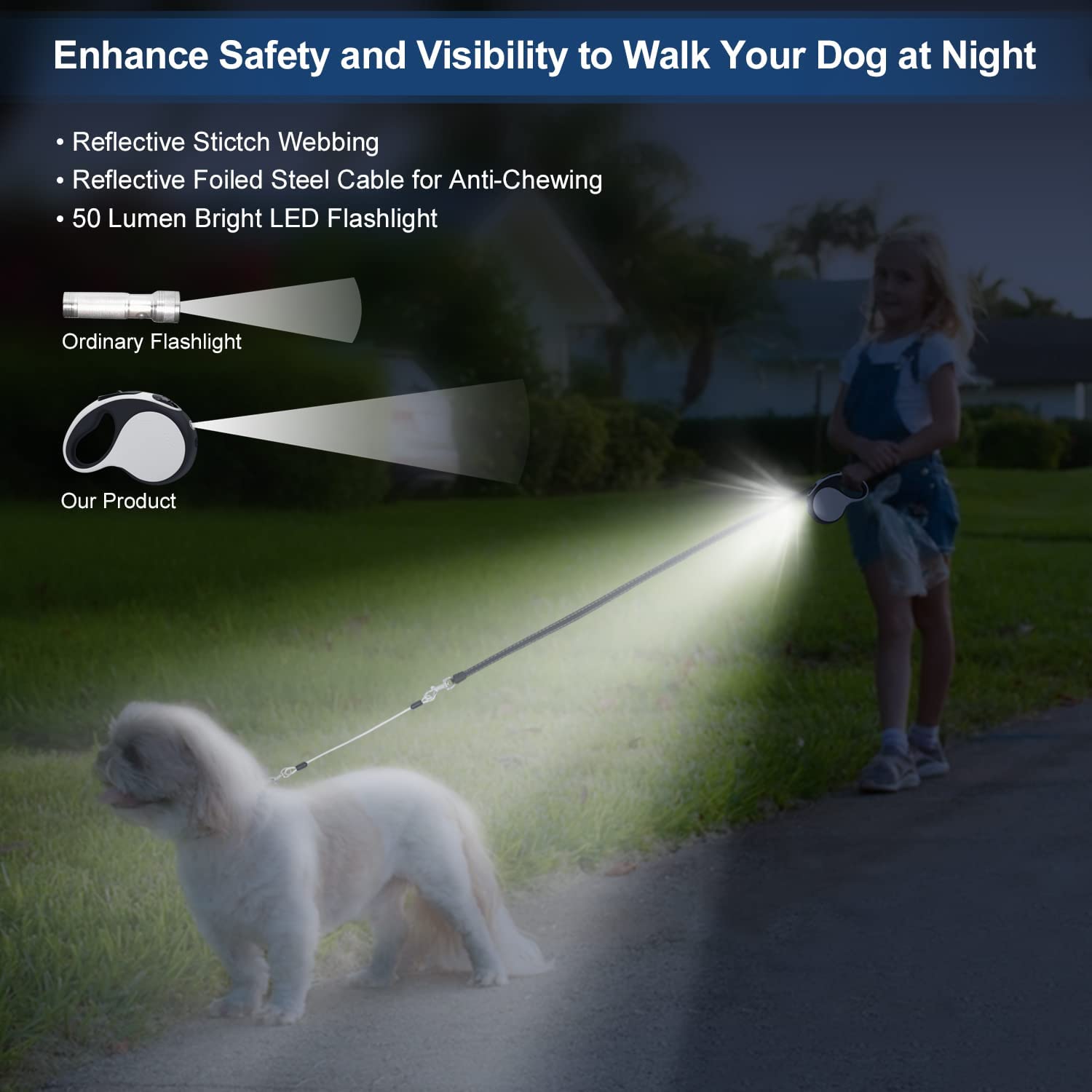 Laisse rétractable avec lumière LED rechargeable pour promenades nocturnes, laisse de promenade pour chien de 4,9 m avec câble anti-mastication, pour chiens pesant jusqu'à 30 kg (noir bleu)