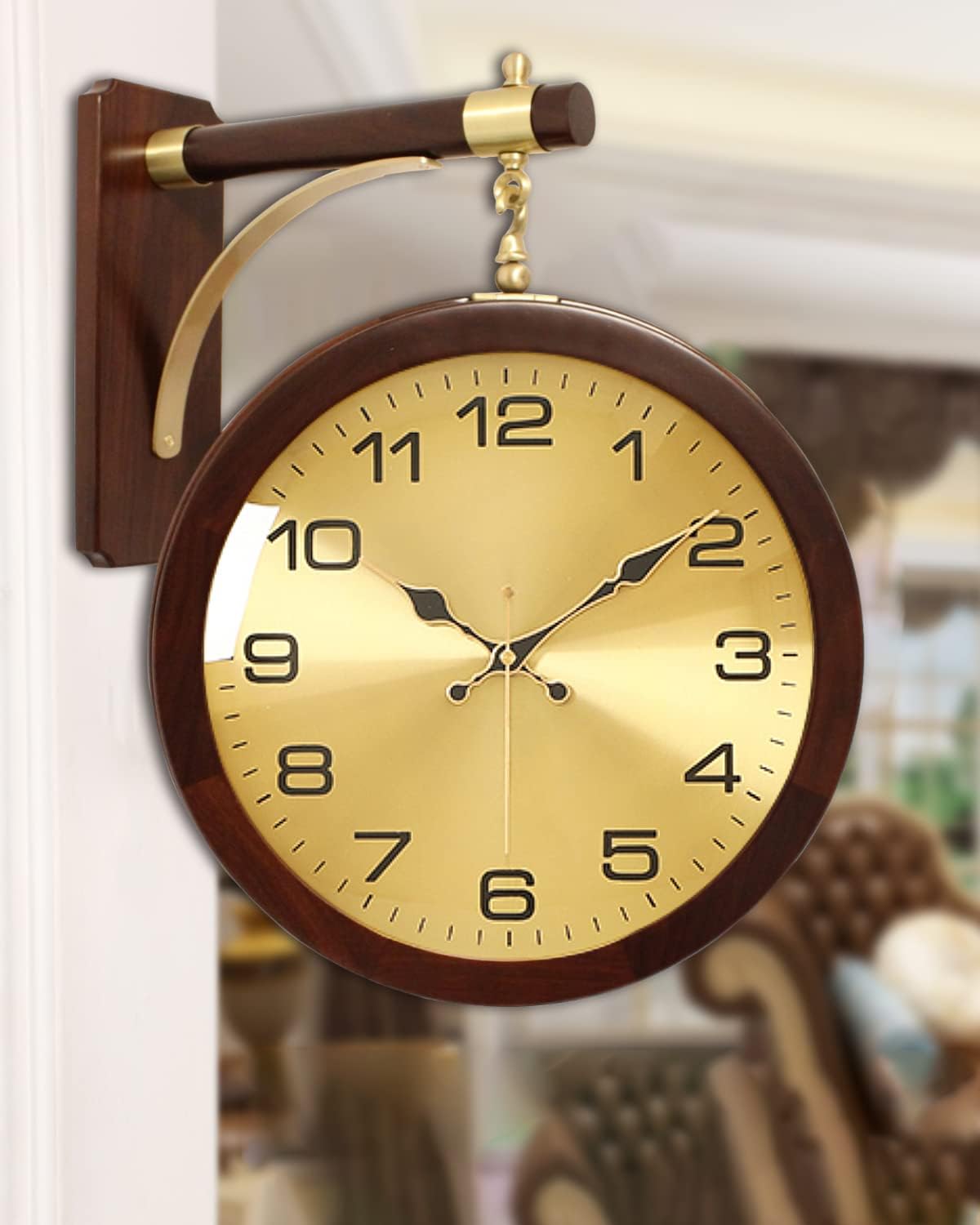 Aero Snail 11-inch Double Sided 360°Rotating Wall Clock, Solid Wood Simple Style Non-Ticking Silent Hanging Watch Vintage Home Decor