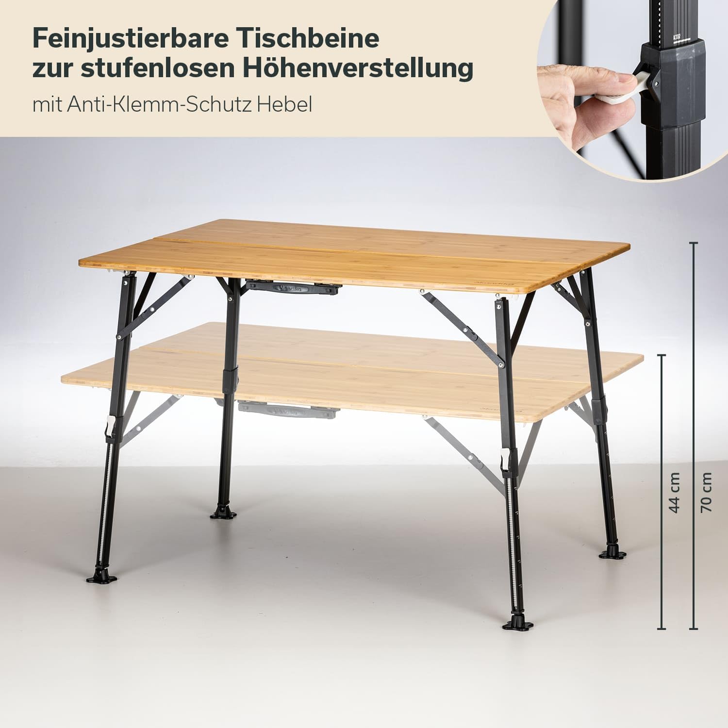 Skandika Campingtisch Tobro | Klapptisch mit Bambus Tischplatte, klappbar, stufenlos höhenverstellbar, 100 kg belastbar, wetterfest, Tragetasche | Outdoor Tisch, Camping, Balkon