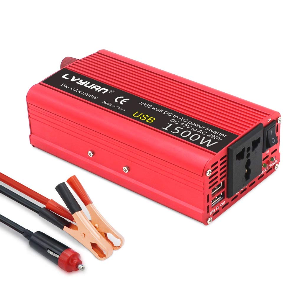 Inversor,Inversor Onda Pura 1500W / 2000W vatios DC 12V a 220V AC portátil de energía de Coche Inversor Cargador Adaptador convertidor DC a AC 12 220 Accesorios for automóviles(1500W)