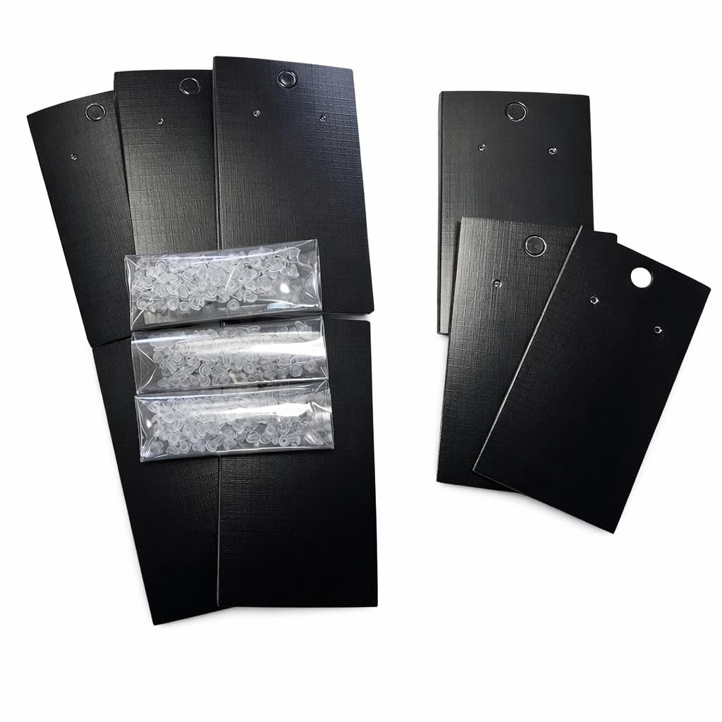 150 Black Earring Display Cards 9x5cm with 300 Earring Backs – Jewellery Display Cards for Stud & Drop Earrings, Earring Holder Cards for Craft Fairs, Boutiques & Small Businesses