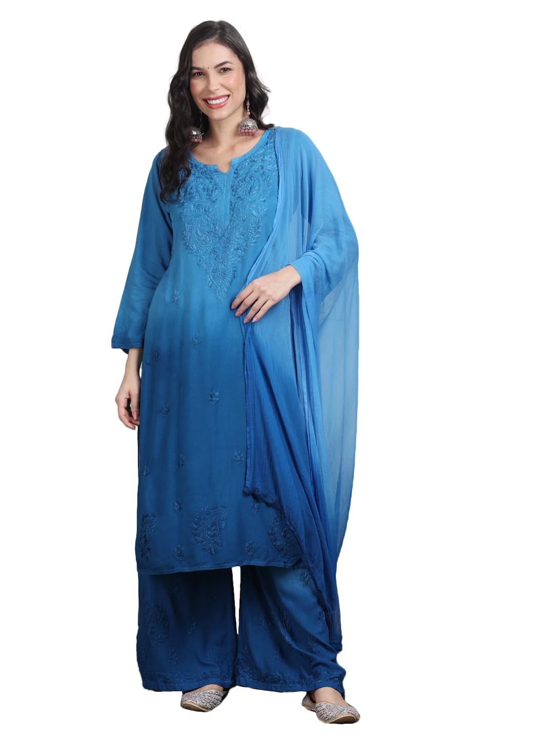 khaka Women's Lucknowi Chikankari Hand Embroided Rayon Dyed Kurti, Palazzo And Dupatta 3 Piece Set-picture-47