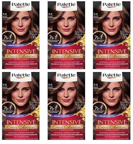 6x Palette Intensiv Creme Coloration 7-11 Kühles Dunkelblond permanente Haarfarbe für leuchtende langanhaltende Farbbrillanz Für bis 8 Wochen intensiven Farbglanz,115ml (6er Pack)