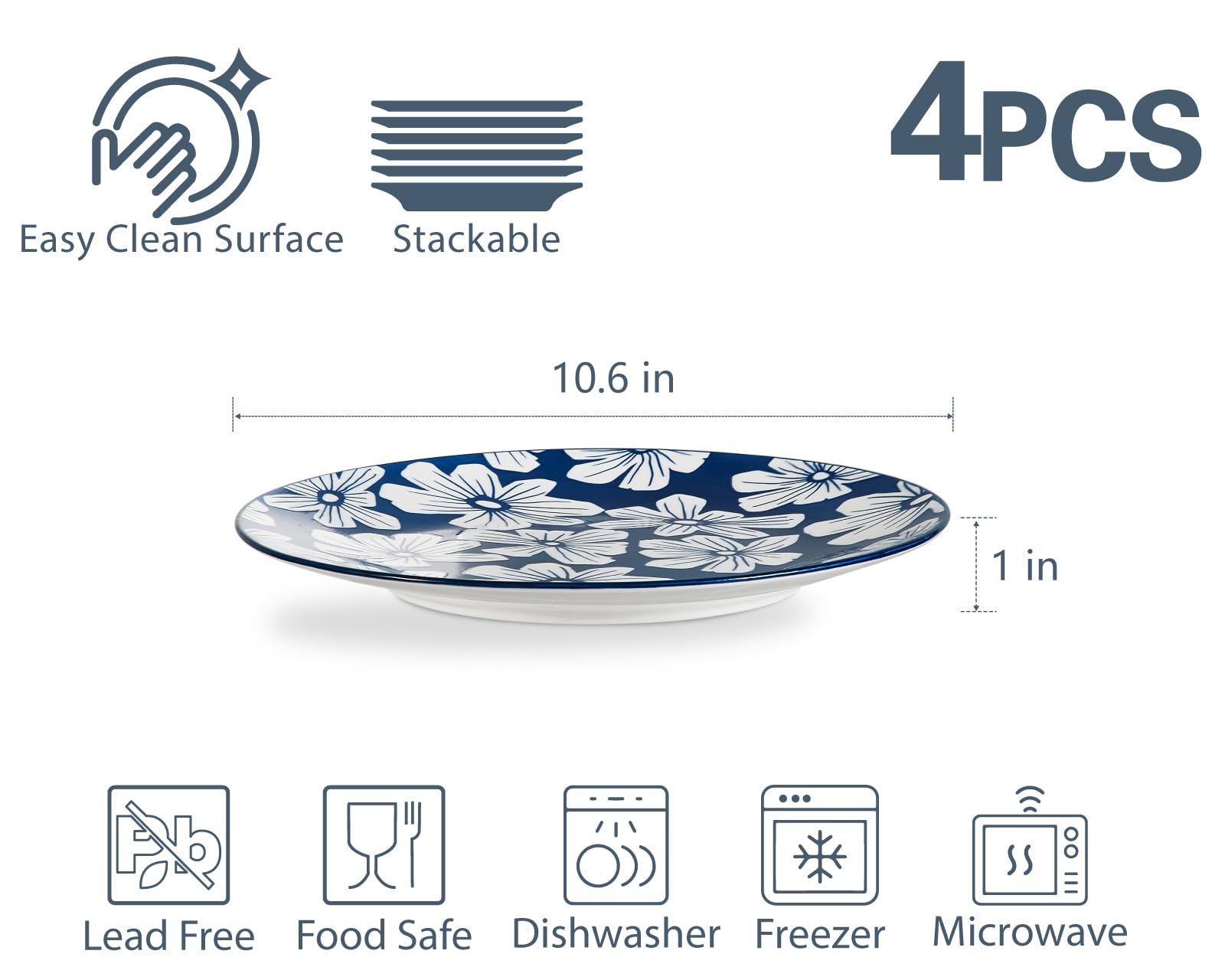 ONEMORE Juego de 4 platos llanos de porcelana de 10.5 pulgadas, platos de postre de ensalada azul y blanco, aptos para microondas y lavavajillas, resistentes a los arañazos, plato grande para servir