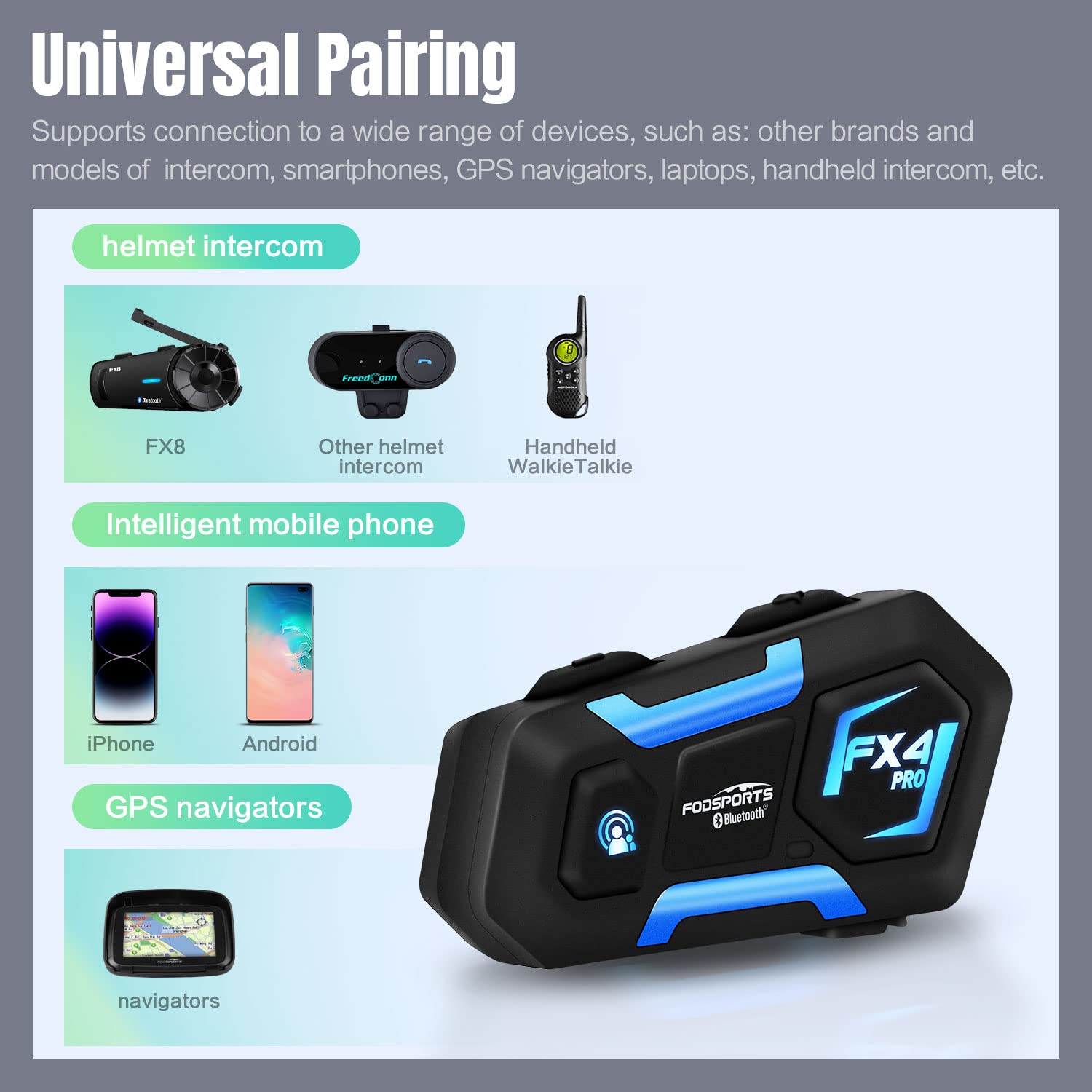 Fodsports FX4 Pro Intercom Moto pour 4 Casques, Kit Bluetooth Casque Moto, Système de Communication Bluetooth pour Motocyclette avec Radio FM IP67 éTanche(2 Unités)