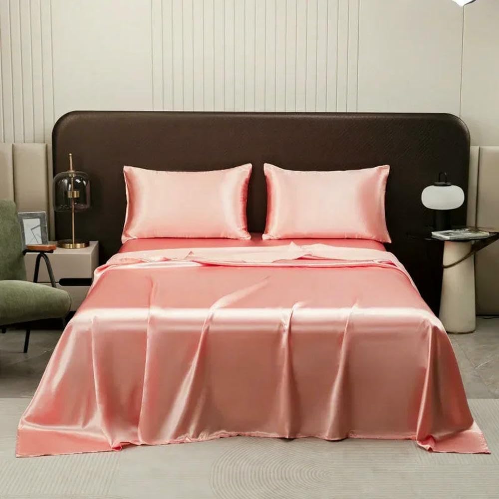 Sábana Plana de Seda Helada de Lujo Negra de 2/3 Piezas con Funda de Almohada, Juegos de sábanas Suaves de Alta Gama, sábanas Lavables a Prueba de Polvo
