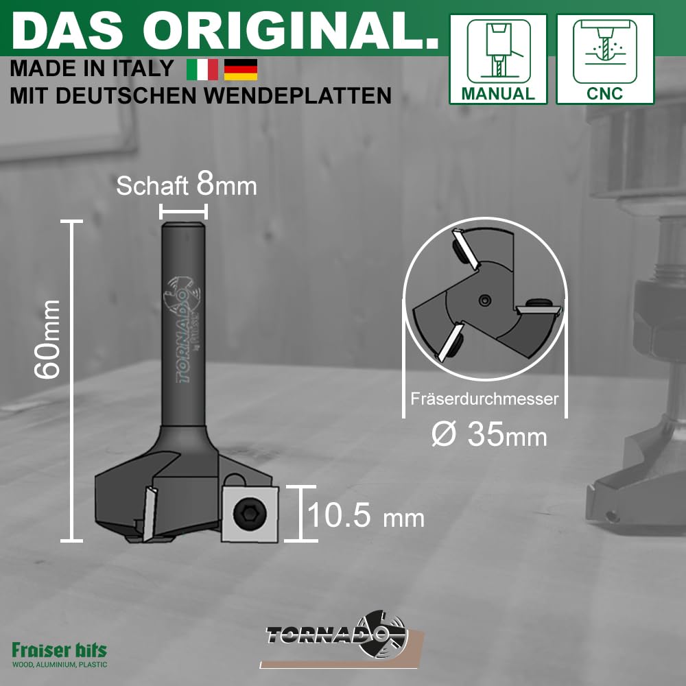 Fraiser Tornado - Planfräser Holz mit Schnittdurchmesser 35 mm und 8 mm Schaft, 3 austauschbaren HM-Wendeplatten - Flächenfräser, Kantenfräser und Nutfräser für CNC und Oberfräse