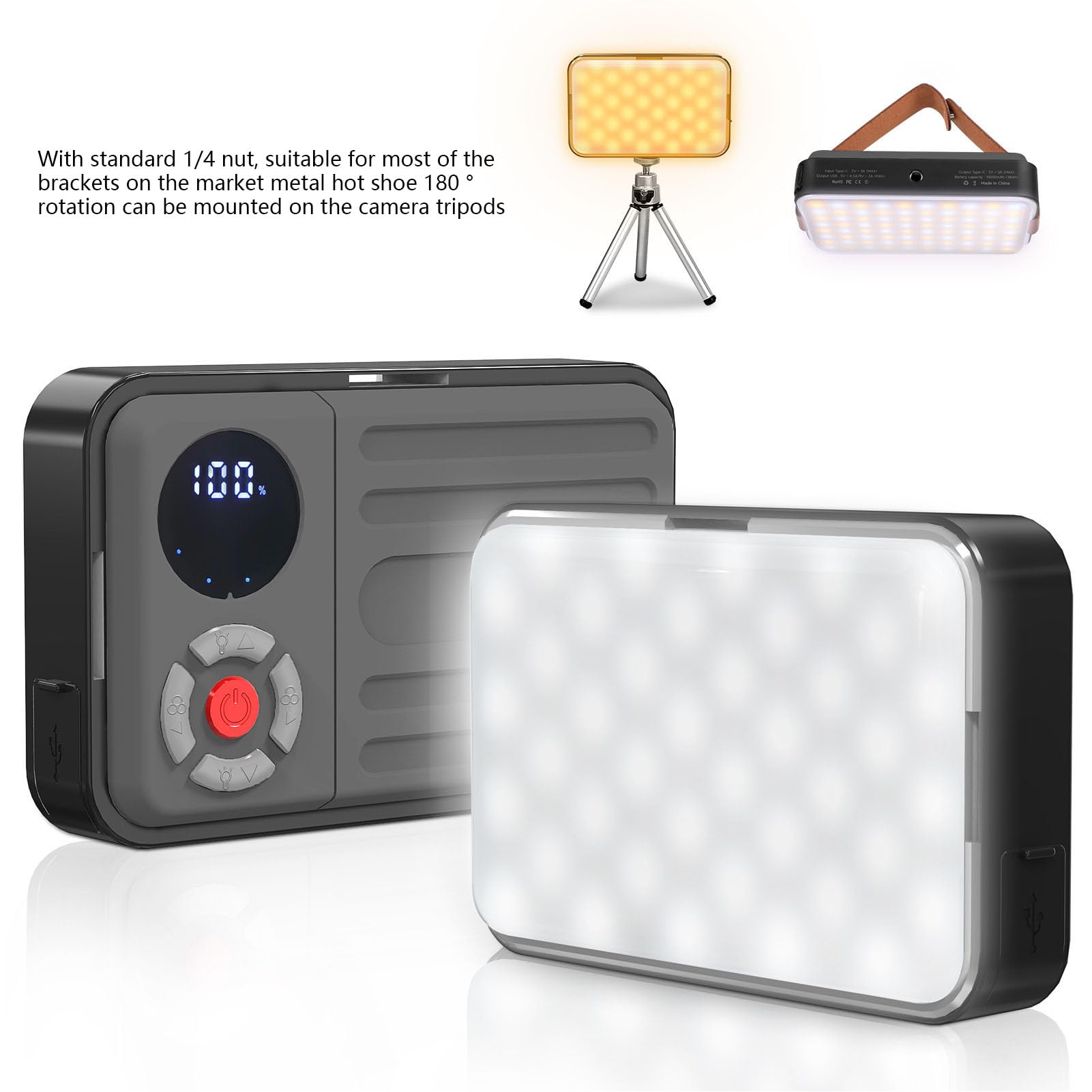 LED Camping Light, Video Light Multifunctional Type C Charging Ambient Fill Light with Mini Tripod for Live Streaming (Black Gray)