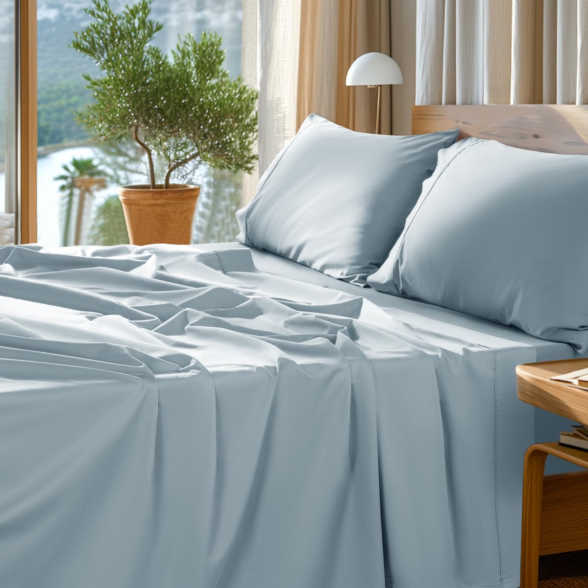 SONORO KATE 1000 Series 100% Egyptian Cotton Queen Sheet Set,4 Pieces | Soft,Breathable Long Staple,Sateen Weave,Luxury 5-Star Hotel Bed Sheets,16" Deep Pocket,Light Blue
