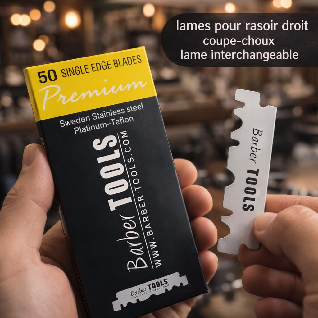Kit da rasatura uomo - Rasoio per barba uomo/taglio a mano per barba - con 50 Lame Singole + Panno + Stick di allume + Custodia per la conservazione + Pettine guida per rasatura -NERO- BARBER TOOLS