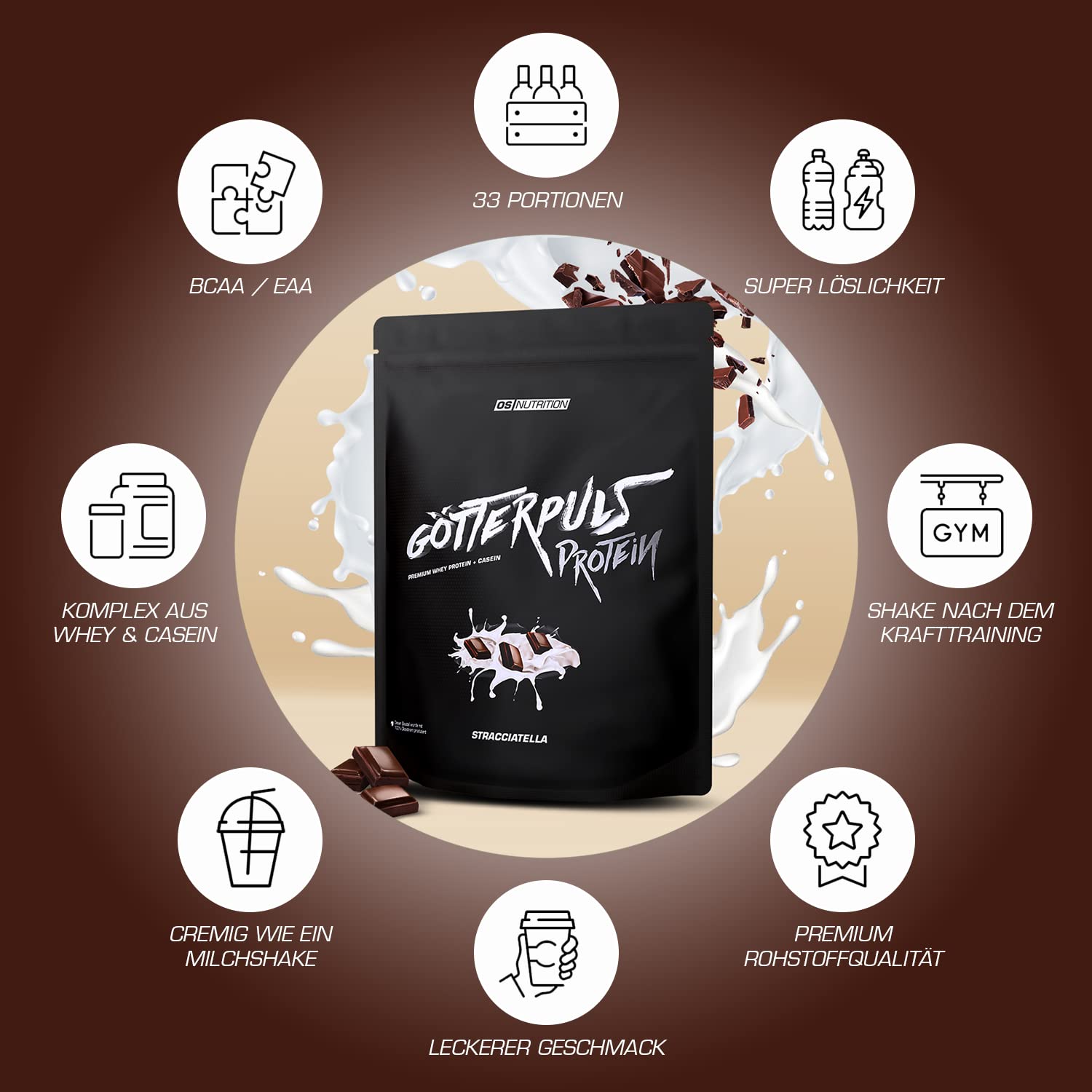 OS NUTRITION Götterpuls Protein Premium Whey Protein + Casein 1 kg (Stracciatella)