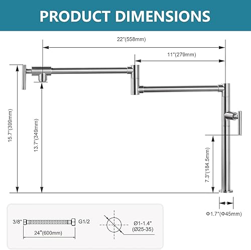 Miniatura 7 de Grifo de llenado de ollas de oro cepillado, montaje en cubierta de latón sin plomo sobre estufa con brazos oscilantes de doble junta