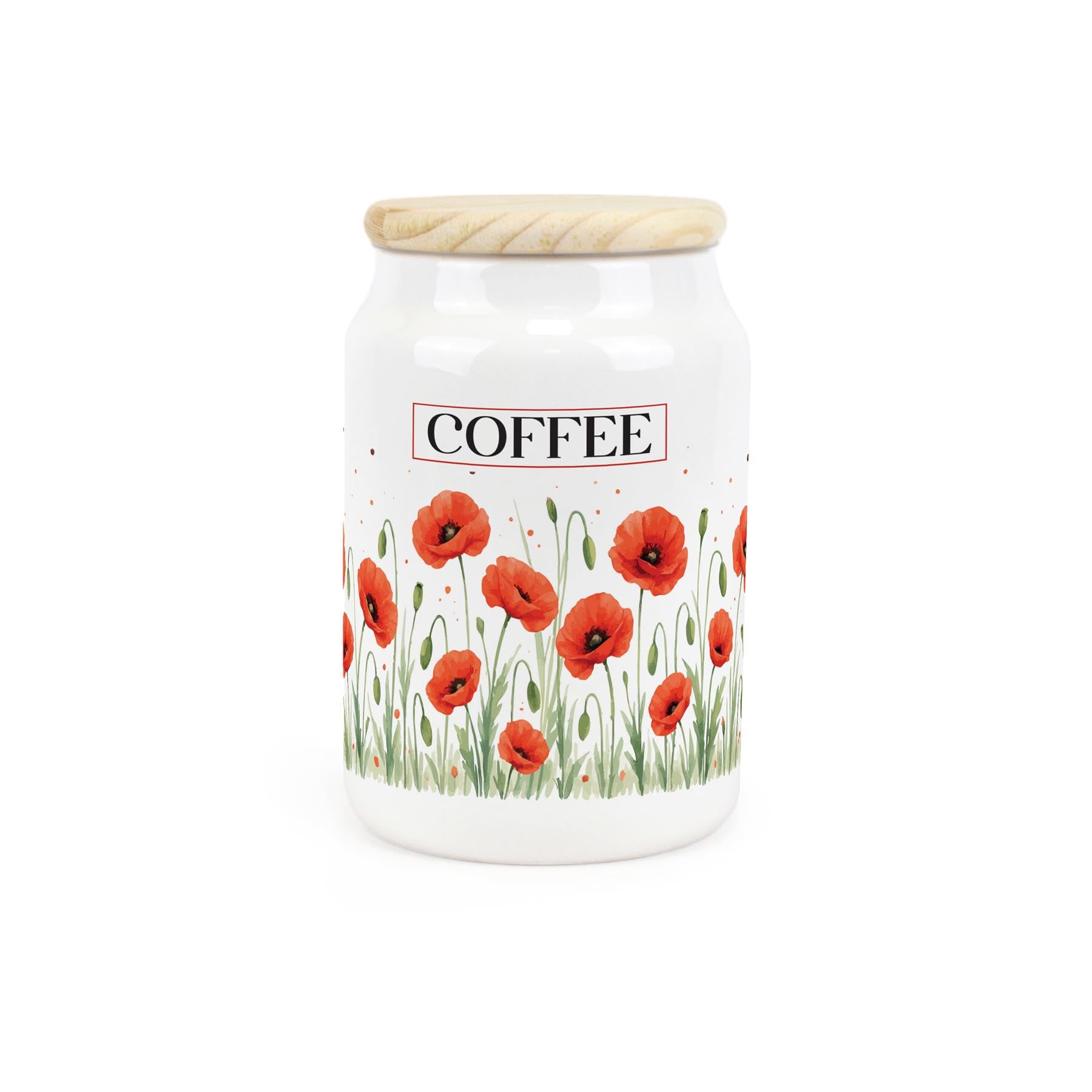 Purely Home Coffee Summer Poppies Canister - Red & Green Floral Homeware Gifts - Refillable Ceramic Storage Container & Wooden Lid 600Ml (14.5Cm X 9.5Cm)