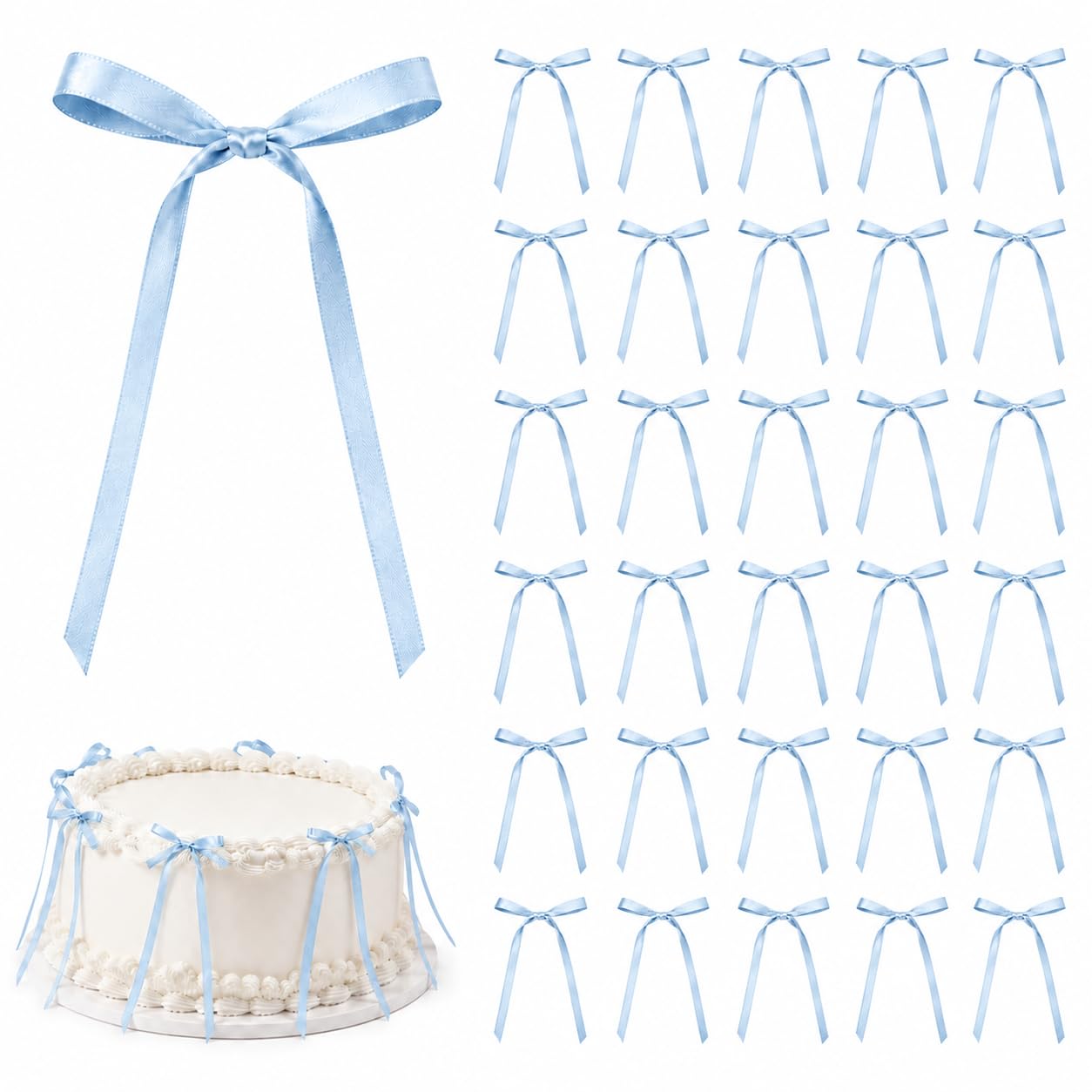 30 Pack Baby Blue Ribbon Bow Cake Toppers Birthday Decorations Coquette Bow Cupcake Toppers for Cake Dessert Wedding Bridal Balloon Wall Party Supplies
