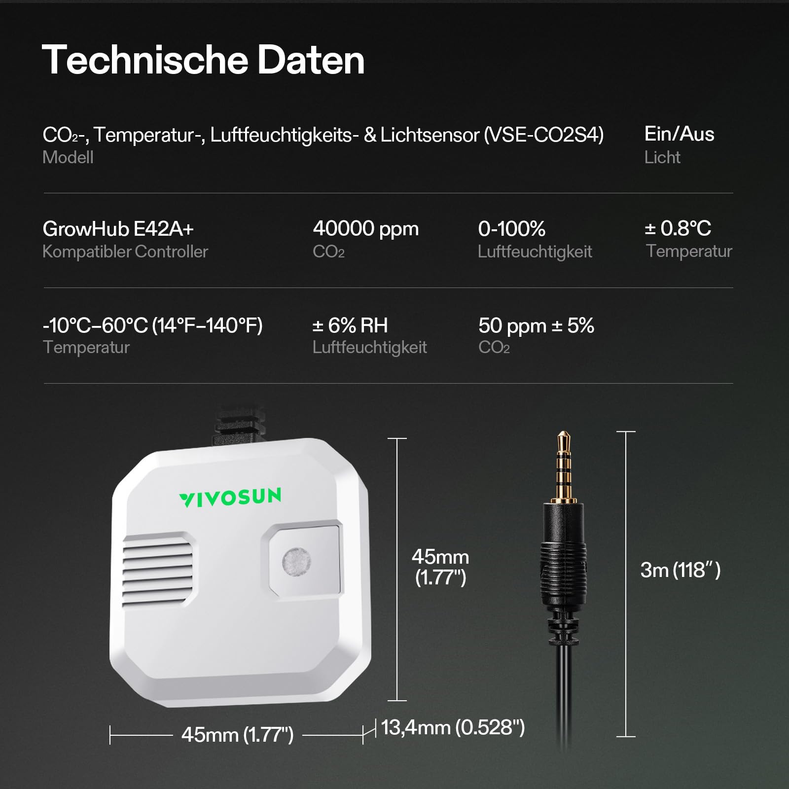 VIVOSUN 4-in-1 Sensor für Temperatur, Luftfeuchtigkeit, CO2 und Licht | VPD Monitoring, hohe Genauigkeit, kompatibel mit GrowHub E42A+ für Growzelt & Indoor Pflanzen