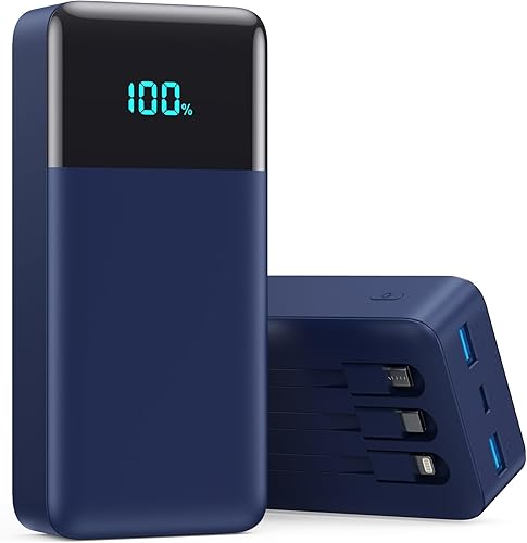 Cargador portátil de 50800 mAh con 3 cables integrados, 25 W PD QC4.0 de carga rápida USB C, 6 salidas, 2 entradas, cargador de teléfono esencial de