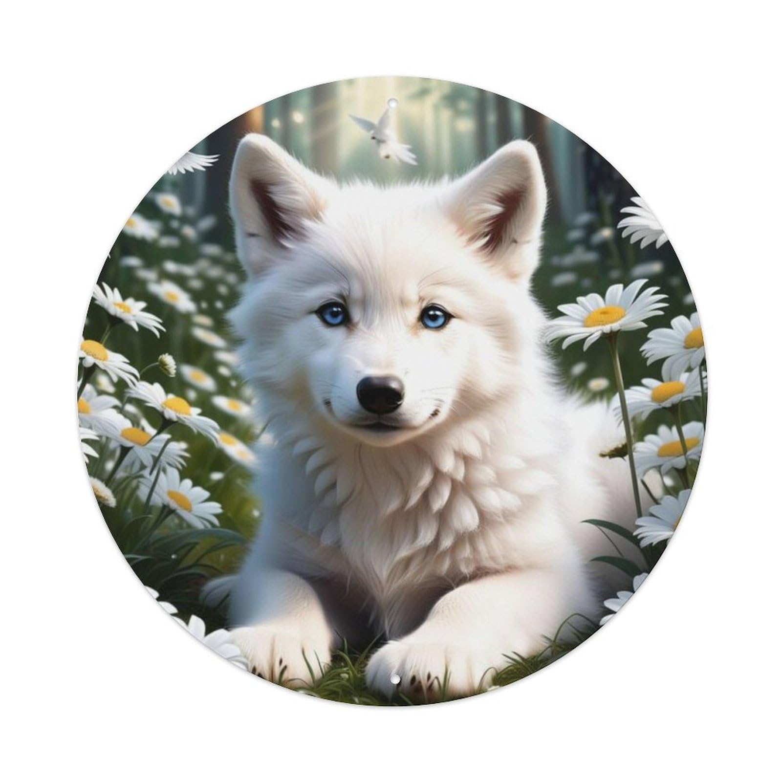 Animal Poster Arctic Wolf Cub Daisy Field Dove Peaceful Dream Vintage Metal Tin Sign Plaque Wall Decor for Cafe, Club Bar, Office, Garden Metal Poster 8x8Inch