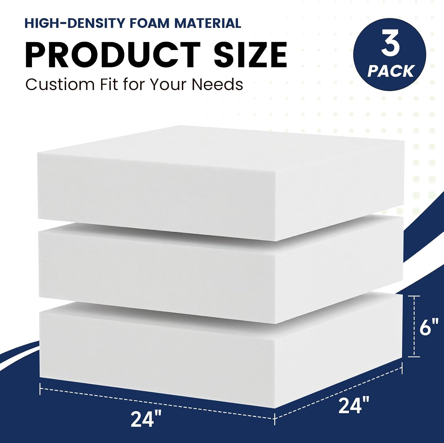 6" X 24" x 24" High Density Upholstery Foam, 3PCS Couch Cushion Replacement