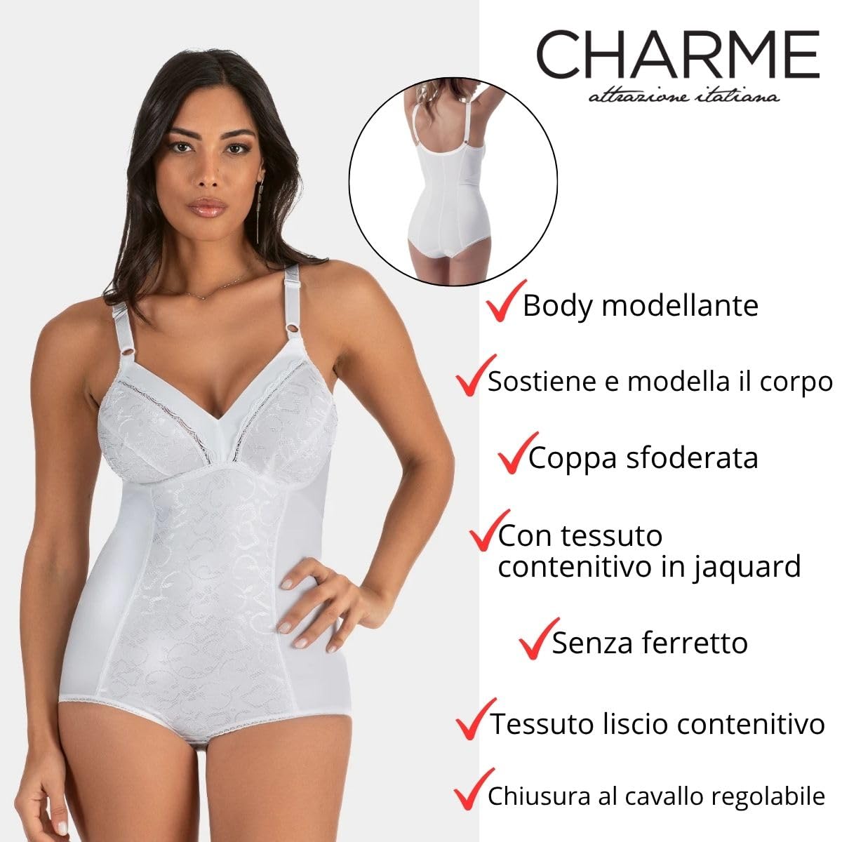 CHARME - Body Modellante Donna Senza Ferretto, Intimo Contenitivo in Tessuto Jacquard, Coppe Sfoderate e Spalline Larghe - Art. 1811 - Panna 5D