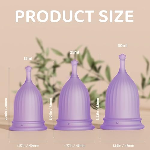 Miniatura 4 de Copas menstruales  Juego de 3 tazas reutilizables de silicona suave para el período 1 pequeño 1 mediano y 1 grande morado
