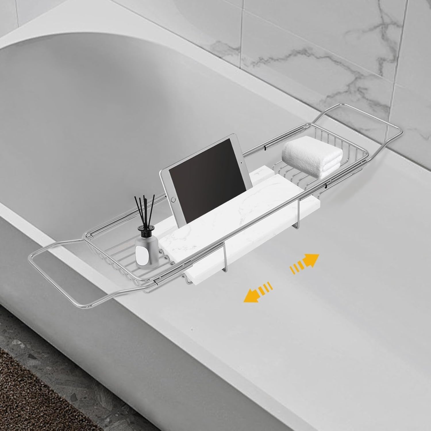 Bandeja de bañera de Acero Inoxidable y mármol | Bandeja de bañera extensible de acero inoxidable y mármol, capacidad de 20 kg (44 lbs), ideal para spa y baño.(Silver+white)