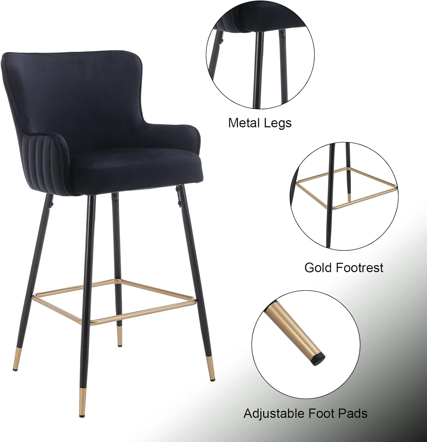 30Inch Black Velvet Bar Stools Set of 6, Upholstered Gold Bar Stools with Wing Back, Modern Kitchen Island Bar stools with Footrest High Dining Chairs for Kitchen Island Dining Room Home Pub