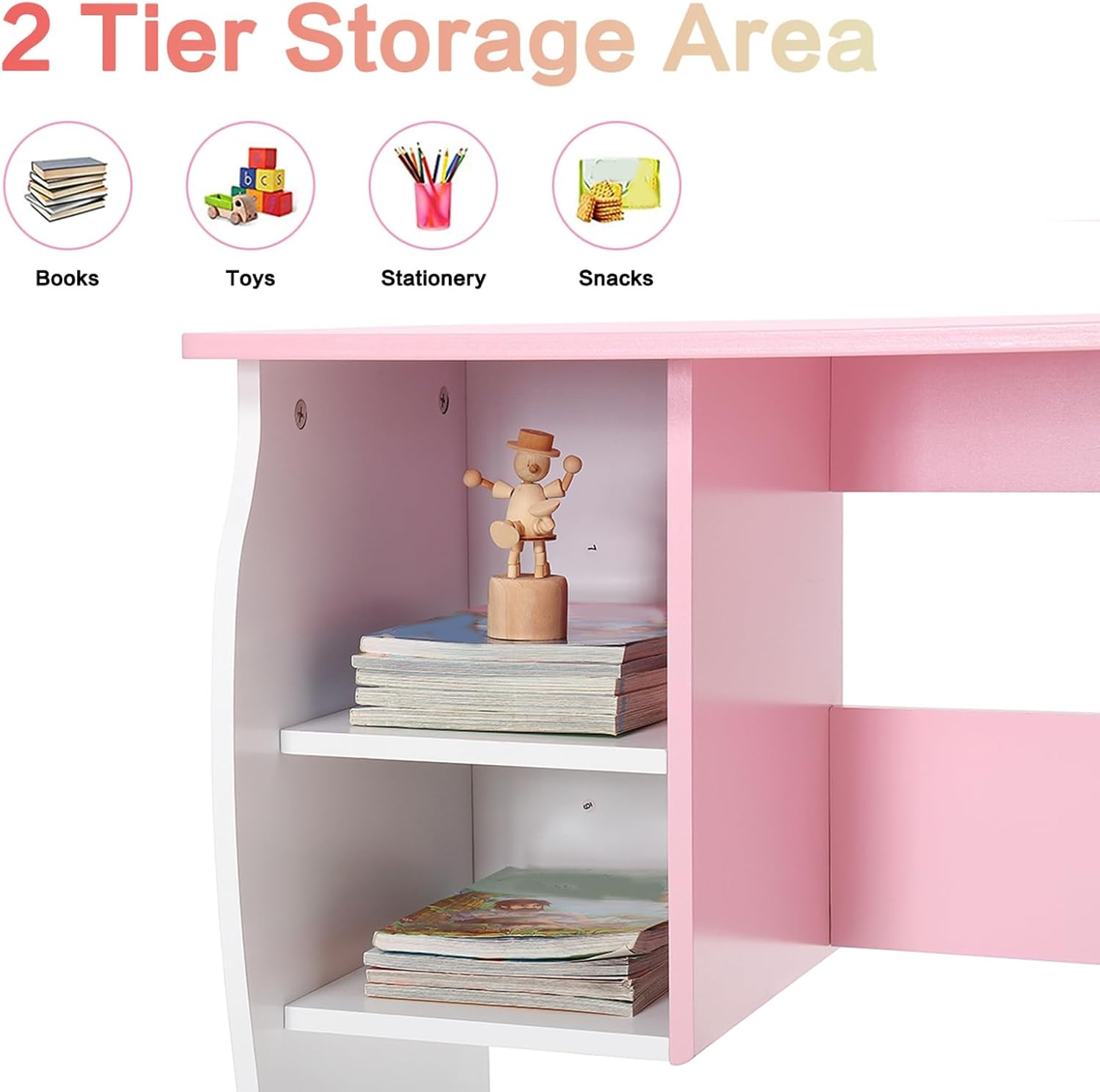 Desk and Chair Set, Wooden Study Desk with Storage Shelf, Writing Table for Home School Use, with Heart Cut Designs for Student,Writing Desk for Bedroom（Pink & White）