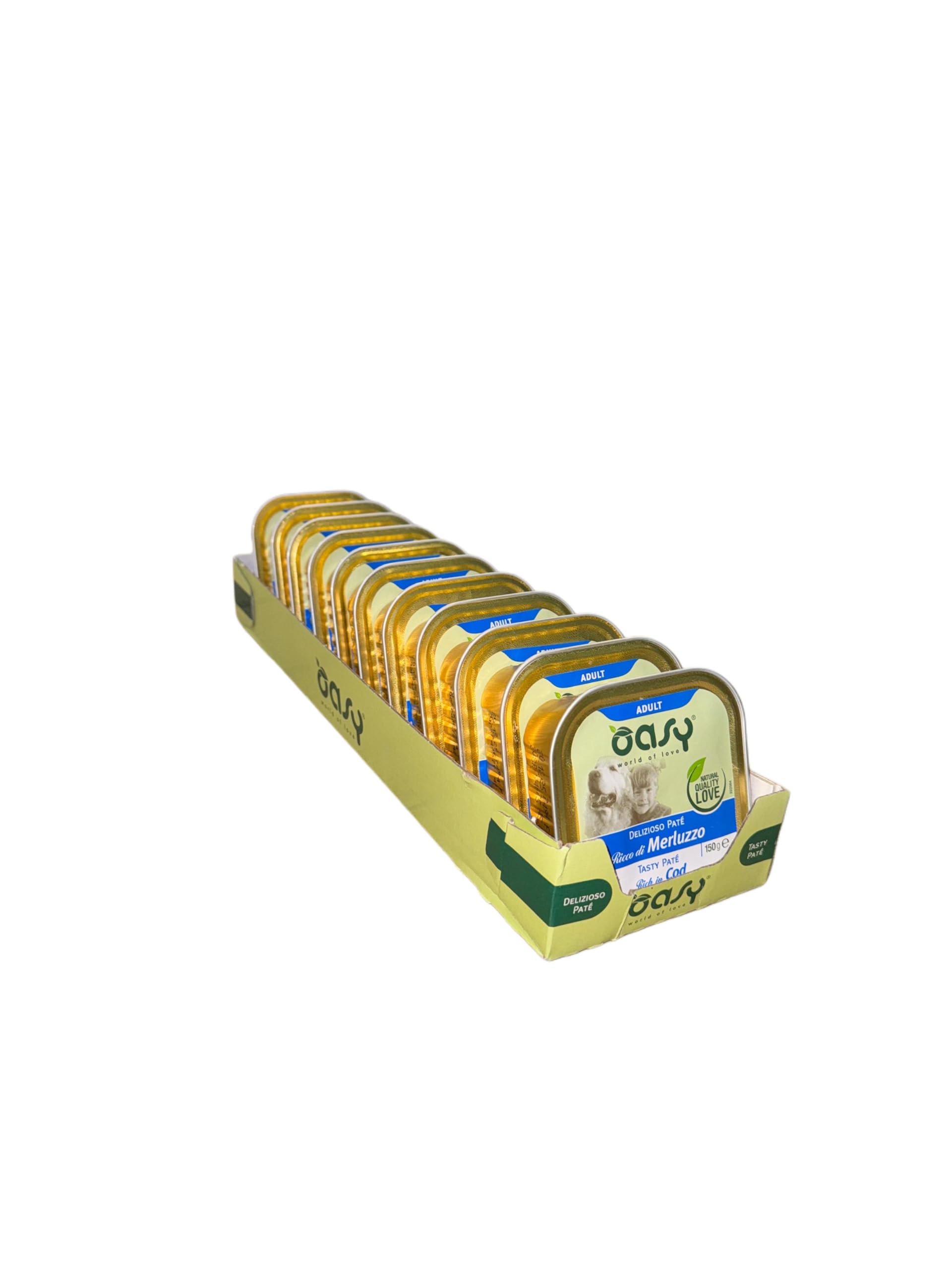 Oasy delizioso patè per cani adulti di tutte le taglie, gusto MERLUZZO | 11 vaschette da 150 grammi l'una.
