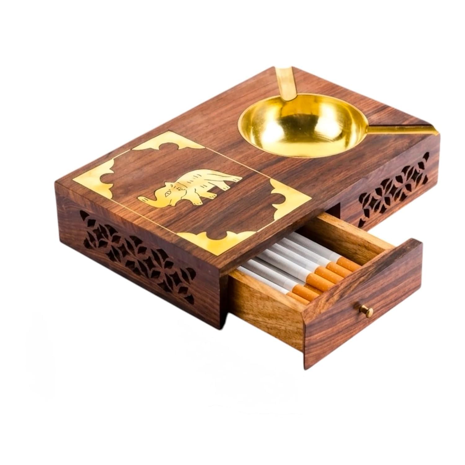 Wooden Cigarette Box with Brass Ashtray & Elephant Inlay | Solid Rosewood, Red Velvet Lined Drawer, Holds 6 Cigarettes, Hand-carved Lattice Work, 15x11x6 cm-image-1