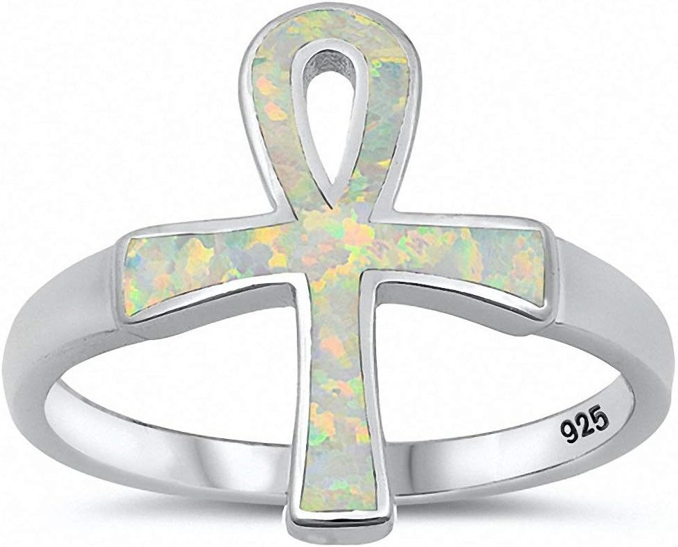 Ankh Ring Created Blue Opal Solid 925 Sterling Silver Choose Color