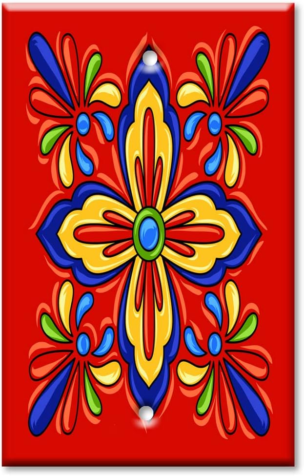 Art Plates - OVERSIZED Switch Plate - OVER SIZE Decorative Metal Wall Plate - 1 Gang Blank - Red Mexican Talavera Tile (PRINTED IMAGE) - (Made in USA)