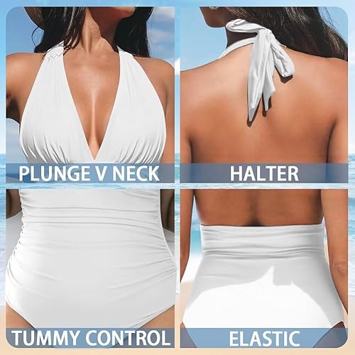 Miniatura 6 de Traje de baño halter de una pieza para mujer, traje de baño con cuello en V y control
