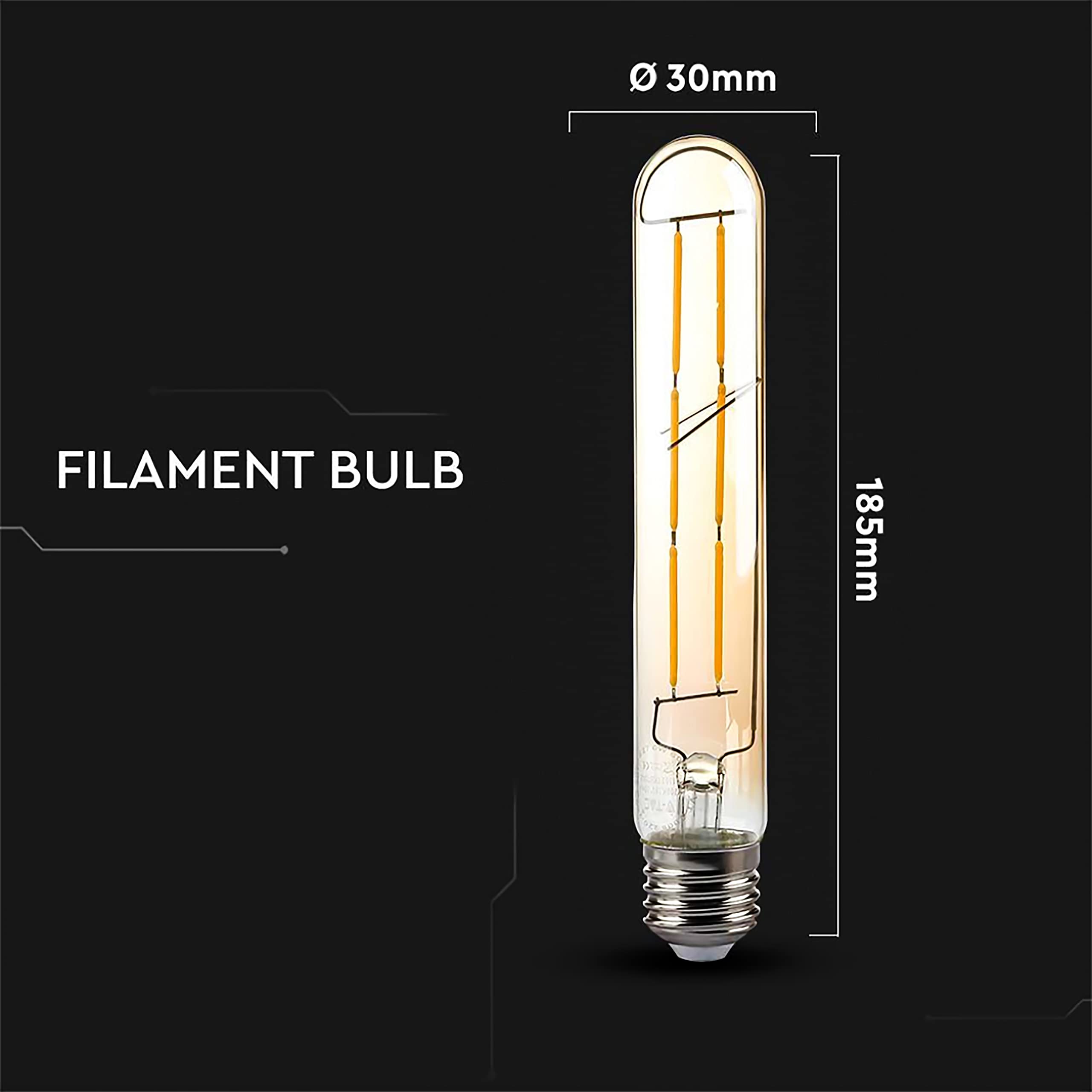 V-TAC Bombilla LED de filamento ámbar T30 con casquillo E27-6 W (Equivalentes a 45 W) – 100 lúmenes – Bombillas vintage cristal – Máxima eficiencia y ahorro energético – 2200 K blanco cálido