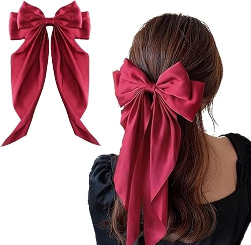 Kefley Big Bow Hair Clips Slides Red Bow-Knot Hair Clip Barrettes for Women Girls Christmas Hair Bow Large Barrettes for Thick Hair Accessories Silky Satin Bow for Hair Accessories French Style