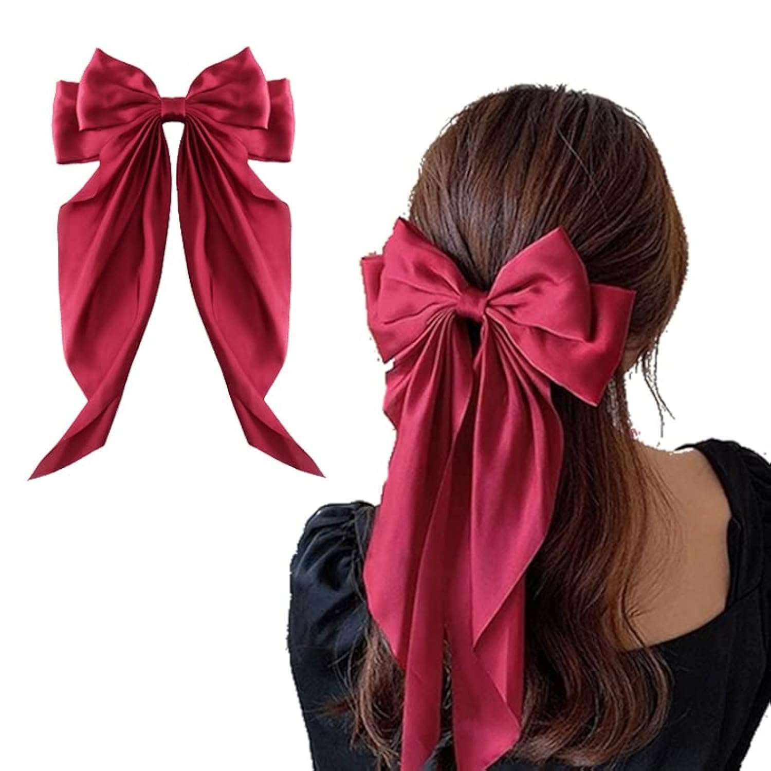 Large Hair Bow Clips for Women Girls Silky Satin Hair Barrettes with Long Ribbon Tail White Hair Bows Slides Wedding Hair Accessories for Women Girls image 2