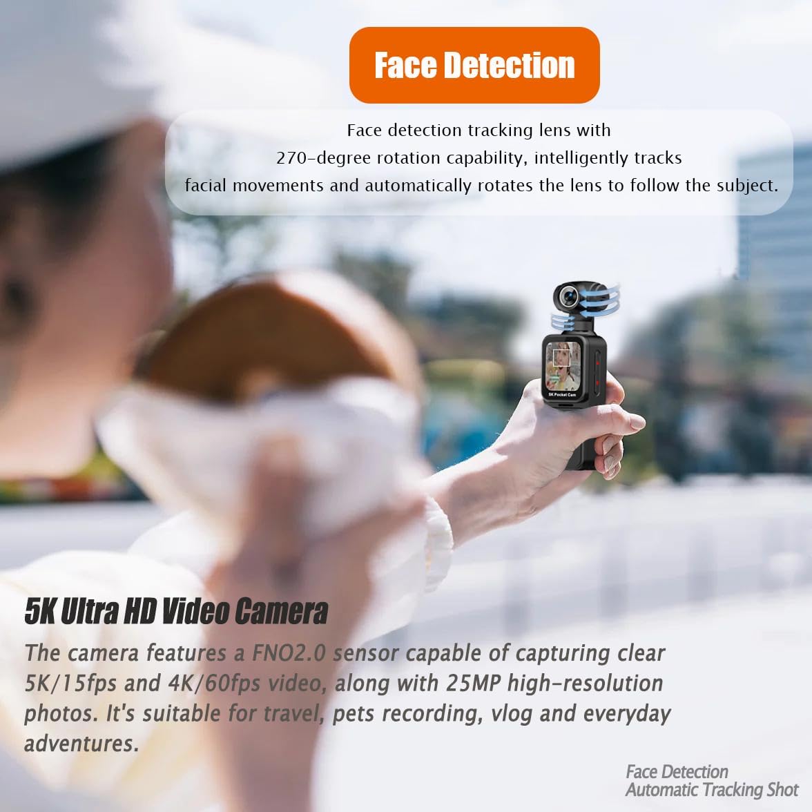 Pocket Camera 5K with Face Detection Automatic Rotating Lens, Vlogging Camera Body Cam with Rotatable Touch Screen, External Mic, Remote Control, 64GB Card