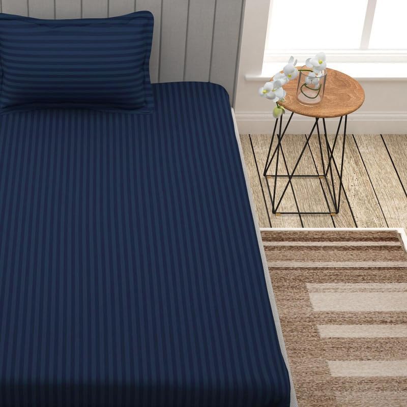 Image of Beautifull Microfiber Striped Single Bedsheet with One Pillow Cover (Navy Blue, Single)