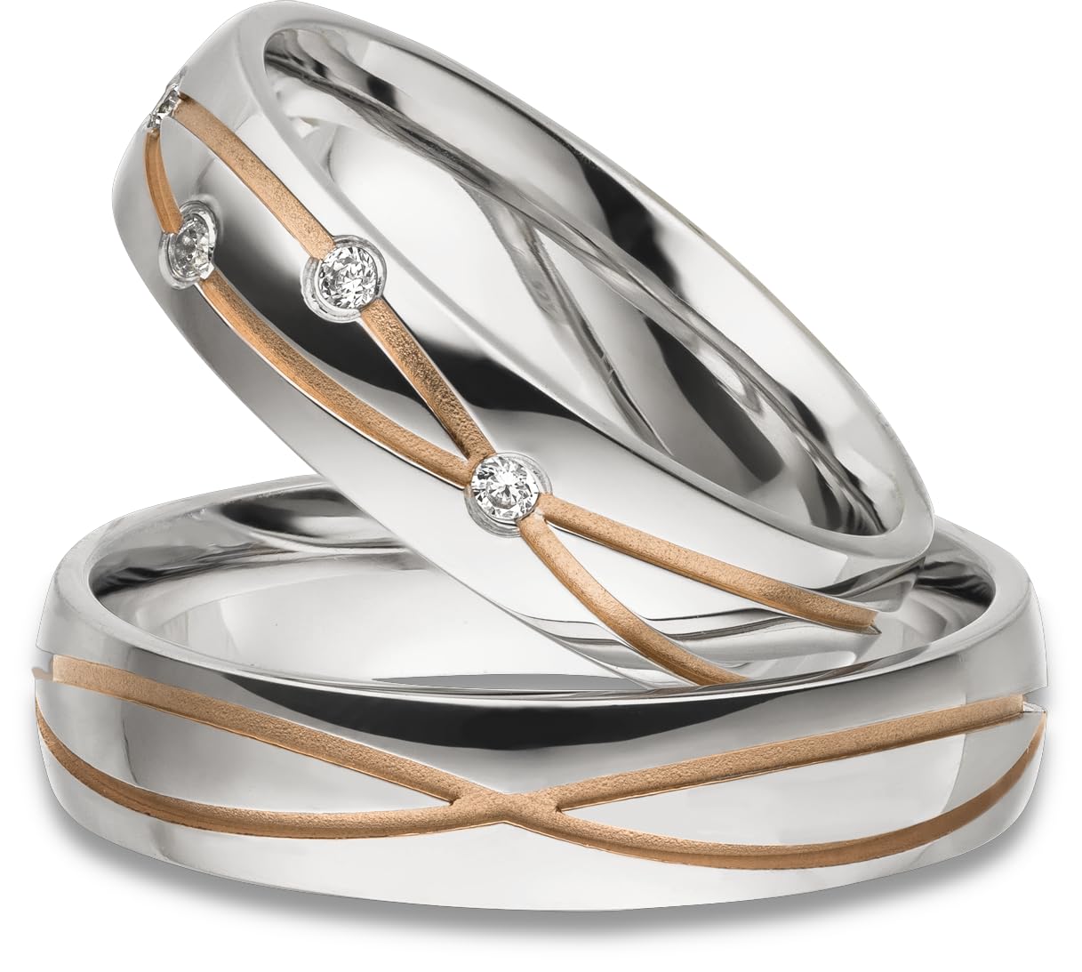 Kolibri Rings Eheringe Set 925 Silber Rot Vergoldet 4 Zirkonia Steine | Wellenförmige Glanzfuge Made in Germany | Partnerringe, Trauringe Paarpreis mit Gratis Gravur & Etui