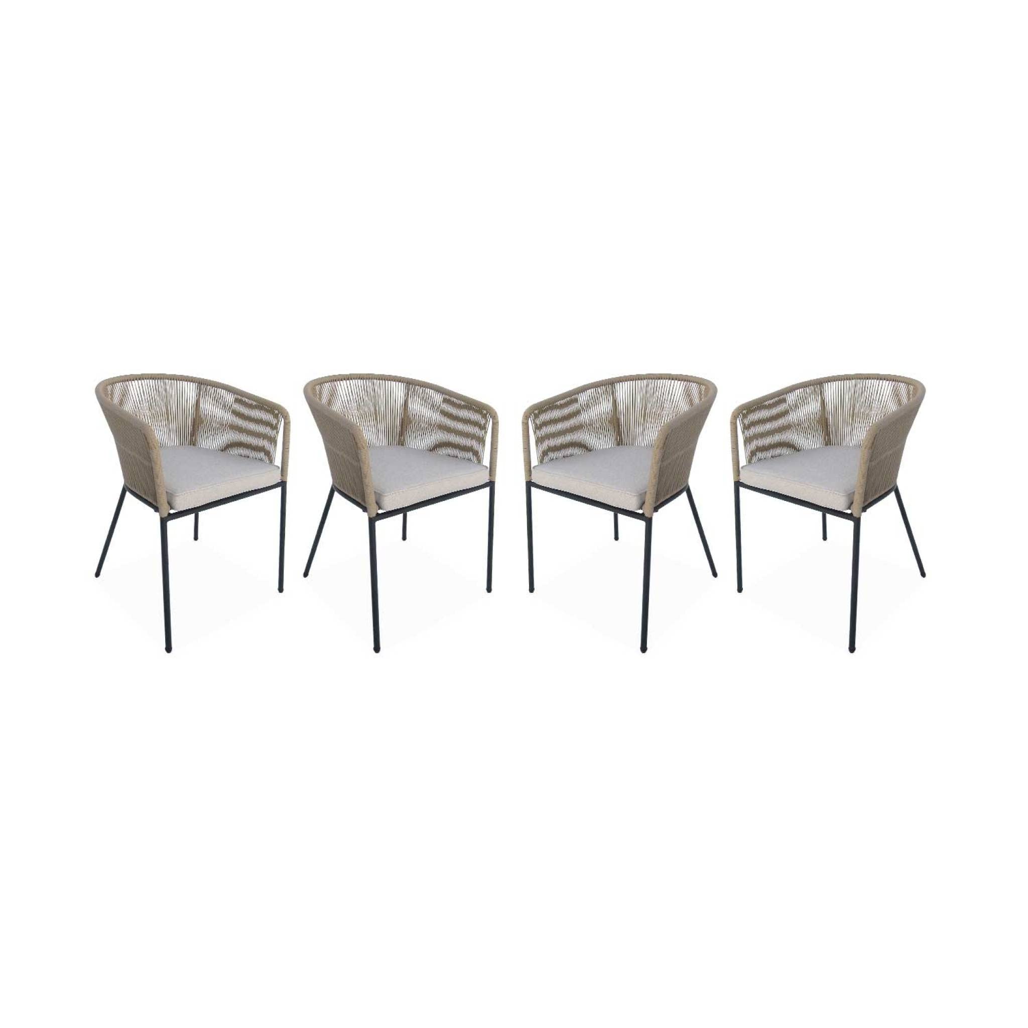 Alice's Garden - Lot de 4 fauteuils de Jardin en Corde Beige et Acier galvanisé. Coussin Beige