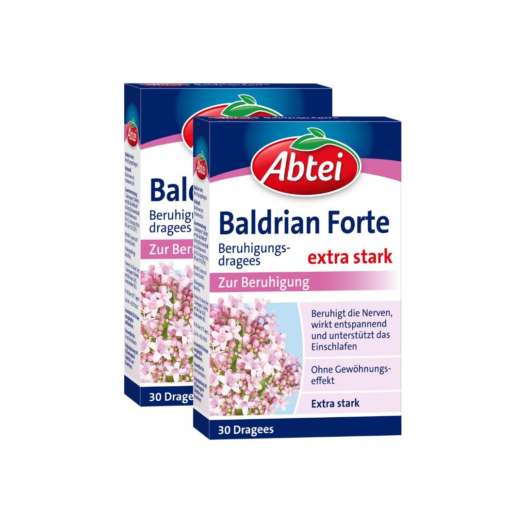 Abtei Baldrian Forte - pflanzlich, aus der Baldrianwurzel - zur Beruhigung und bei Schlafstörungen - ohne Gewöhnungseffekt - laborgeprüft - 30 Dragees (Packung mit 2)