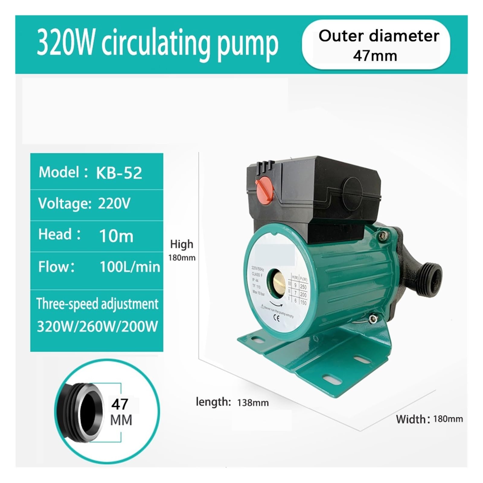 Bomba de vacío Bomba De Circulación De Agua Caliente De Calefacción Central De 100W, 250W, 320W, Bomba De Calentador Súper Estática For Caldera De Calefacción Central Sencillo pero poderoso(320W 47mm)