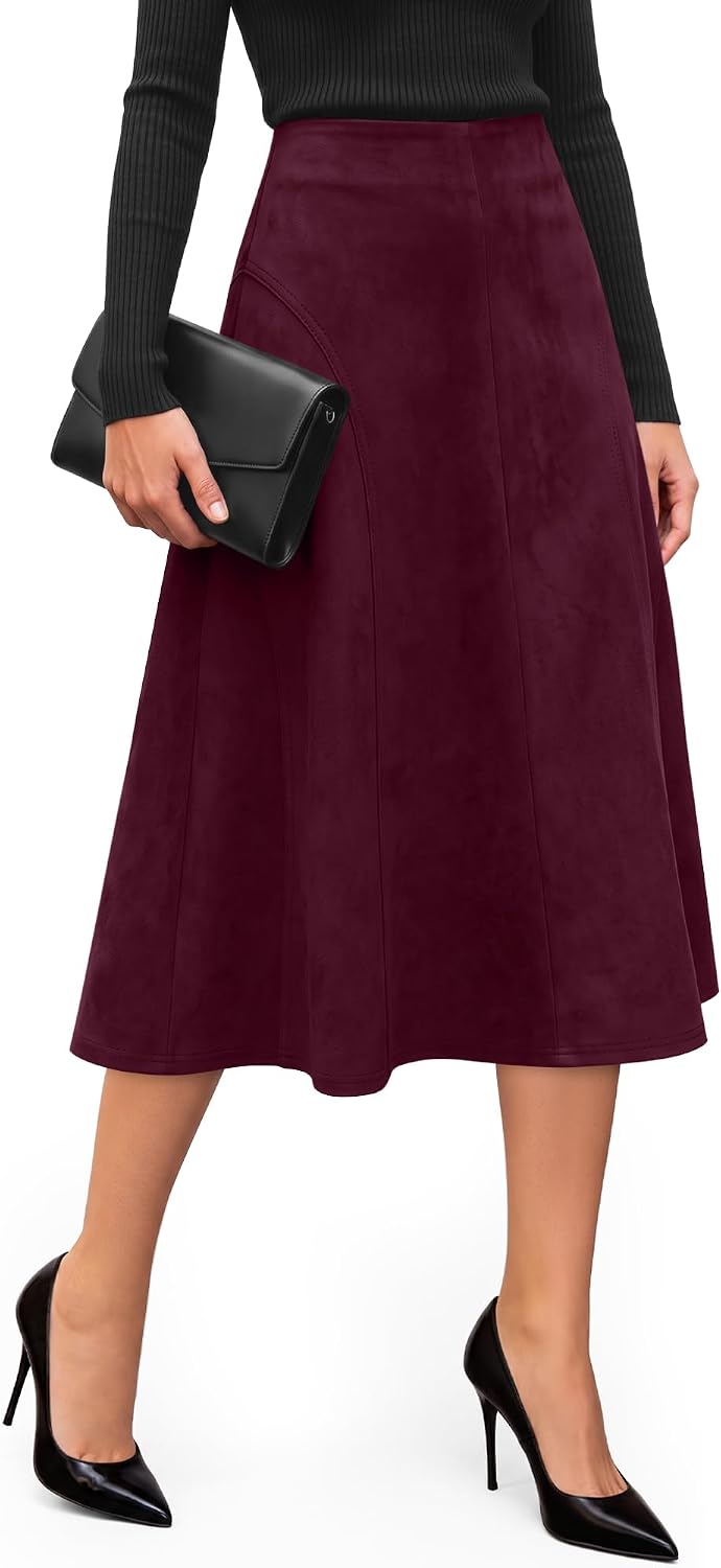 Ficerd Women's Suede Midi Skirt High Waist A Line Skirts