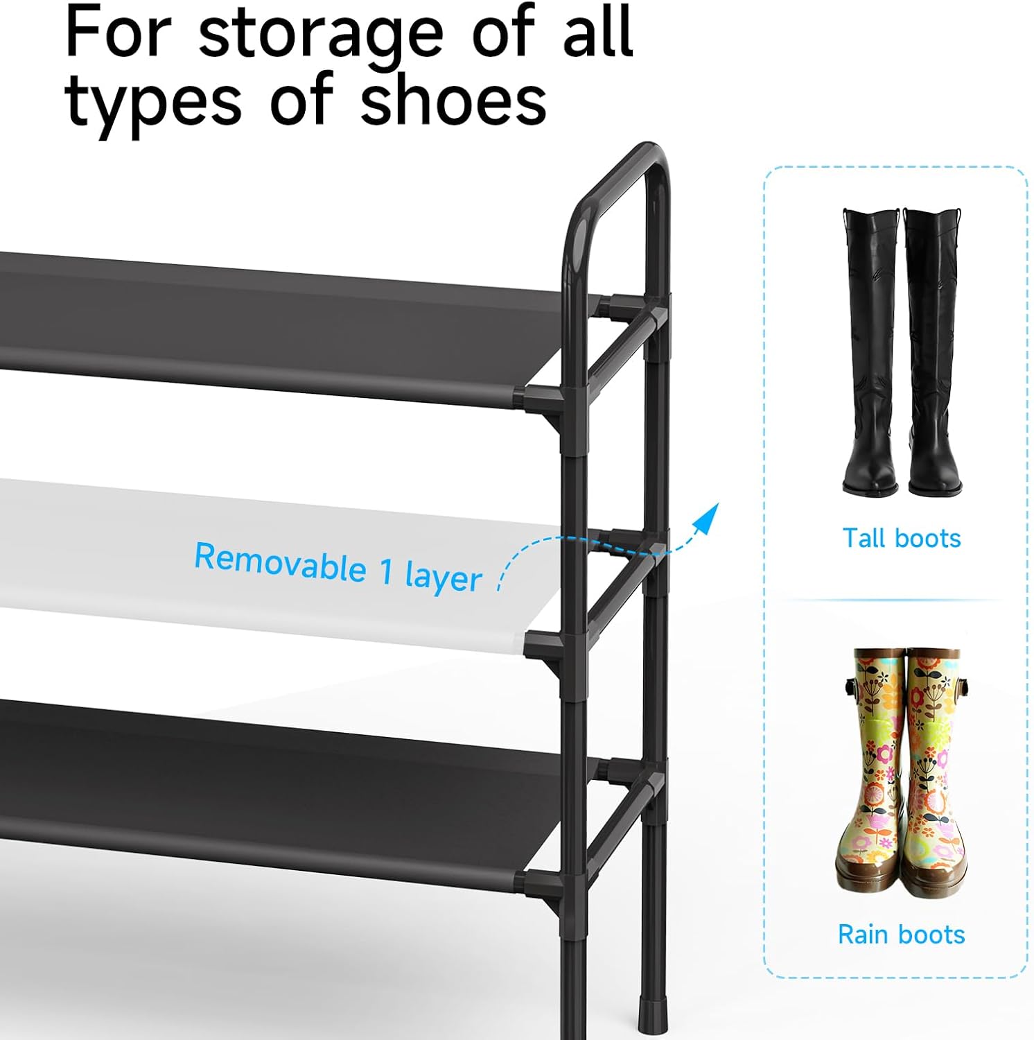 Long Shoe Rack for Closet - 3 Tier Shoe Organizer Storage for Entryway, Front Door Entrance, Metal Frame, Non-Woven Fabric Shelves, 10.8“ D x 40.2” W x 25.8” H